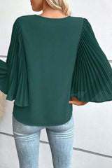 Green Pleated Batwing Sleeve V Neck Blouse