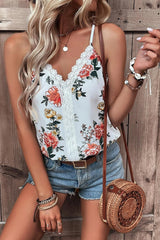 White Floral Print Lace V Neck Cami Top