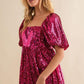 Rose Red Sequins Square Neck Puff Sleeve Babydoll Romper