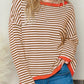 Brown Striped Colorblock Trim Knit Pullover Sweater