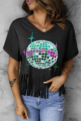 Black Sequined Disco Ball Graphic Fringed V Neck T Shirt - Ninonine