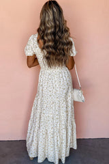 White Frill Neckline Shirred Bodice Floral Maxi Dress