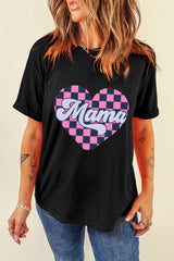 Black Crewneck Mama Checkered Heart Print Graphic T Shirt - Ninonine
