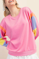 Pink Candy Colorblock French Terry Hem Long Sleeve Top