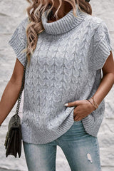 Medium Grey Cable Knit Turtleneck Short Batwing Sleeve Sweater