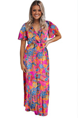 Rose Boho Abstract Print V Neck Short Sleeve Maxi Wrap Dress