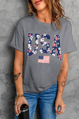 Gray Floral USA Flag Graphic Roll Up Sleeve Tee