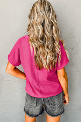 Bright Pink Basic Plain Textured V Neck T Shirt