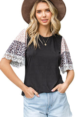Black Casual Leopard Lace Splicing Sleeve Patchwork Rib-Knit Top