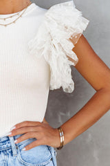 White Dotty Layered Ruffle Casual Ribbed Knit Top