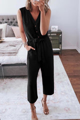Black Buttoned Sleeveless Cropped Jumpsuit With Sash