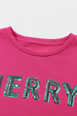Strawberry Pink MERRY Christmas Tree Sequin Patchwork Sweatshirt
