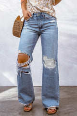 Light Blue Destroyed Ripped Casual Wide Leg Jeans