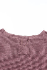 Purple Waffle Knit Split V Neck Drop Shoulder Long Sleeve Top - Ninonine