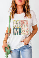 White MAMA Floral Block Graphic Crewneck T Shirt