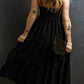 Black Smocked Pleated Sleeveless Flared Maxi Dress