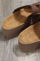 Brown Braided Detail Criss Cross Platform Slides Shoes
