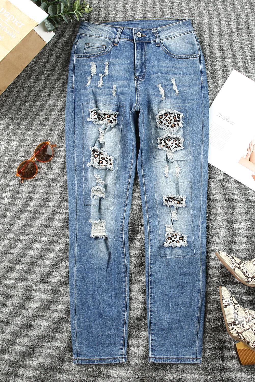 Dark Blue Leopard Print Ripped Jeans