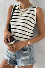 White Striped Crewneck Knitted Vest
