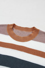 Camel Striped Colorblock Knit Short Sleeve T-shirt - Ninonine