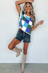Dark Blue Checkered Color Block Cap Sleeve Knitted Top
