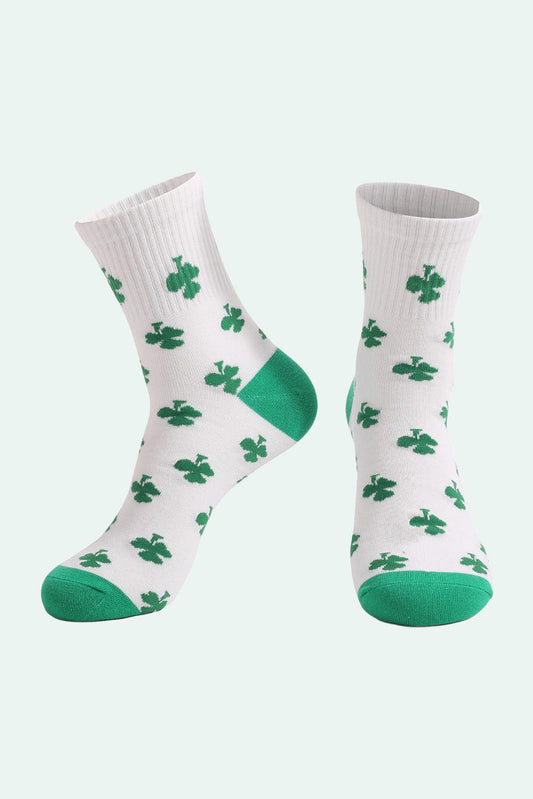White St Patricks Day Clover Printed Ribbed Trim Socks