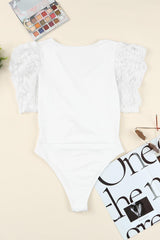 Ivory Lace Short Sleeve Wrap V Neck Bodysuit for Women - Ninonine