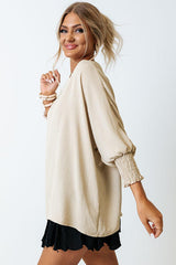 Apricot Solid Casual Smocked Cuffs Batwing Sleeve Blouse - Ninonine