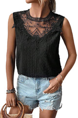 Black Guipure Lace Crochet Keyhole Back Sleeveless Shirt