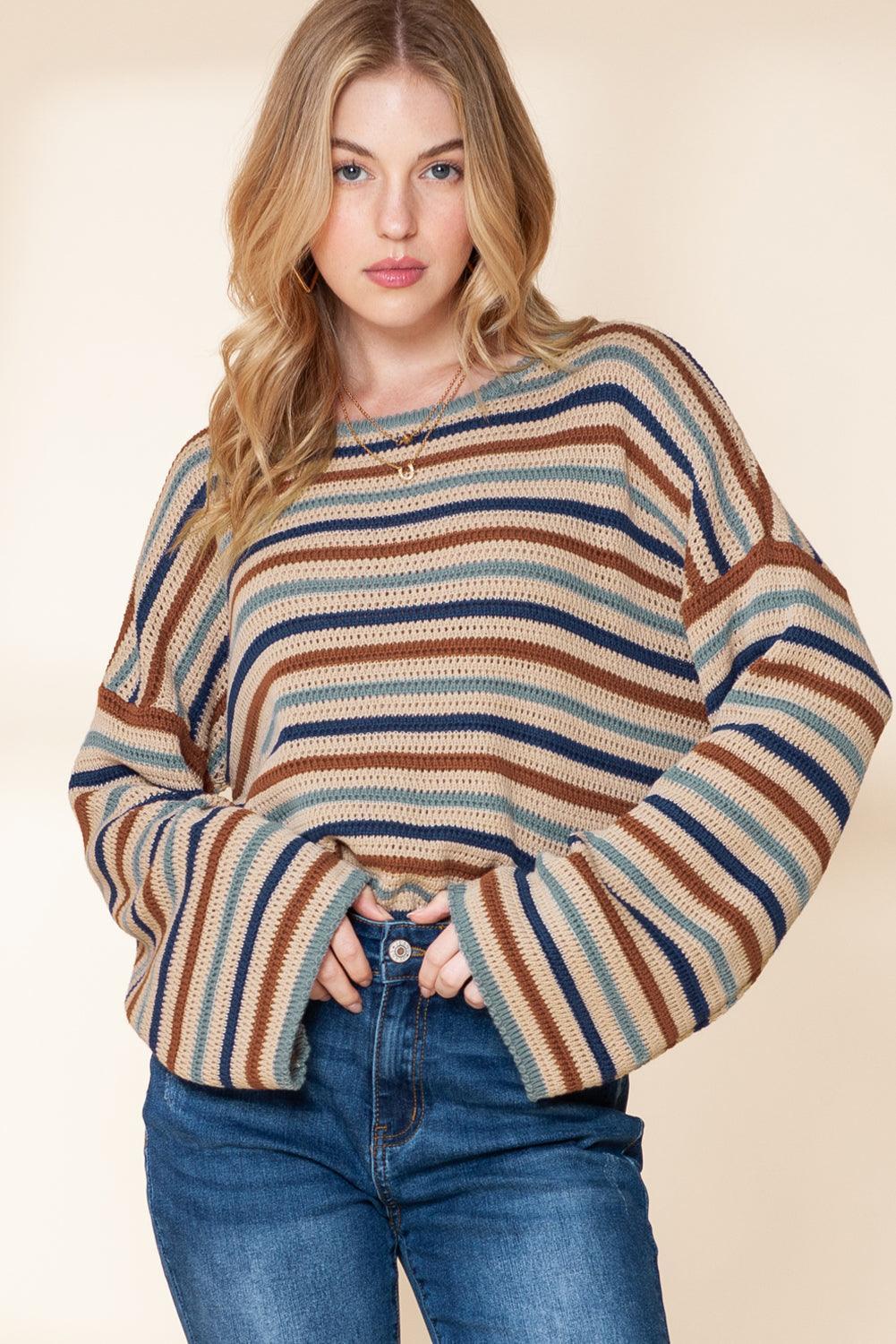Gray Stripe Knitted Drop Sleeve Cropped Loose Sweater - Ninonine
