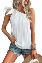 White Solid Color Asymmetrical Knot Textured Sleeveless Shirt