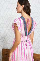 Pink Striped Geometric Print V Neck Ruffle Flared Maxi Dress - Ninonine