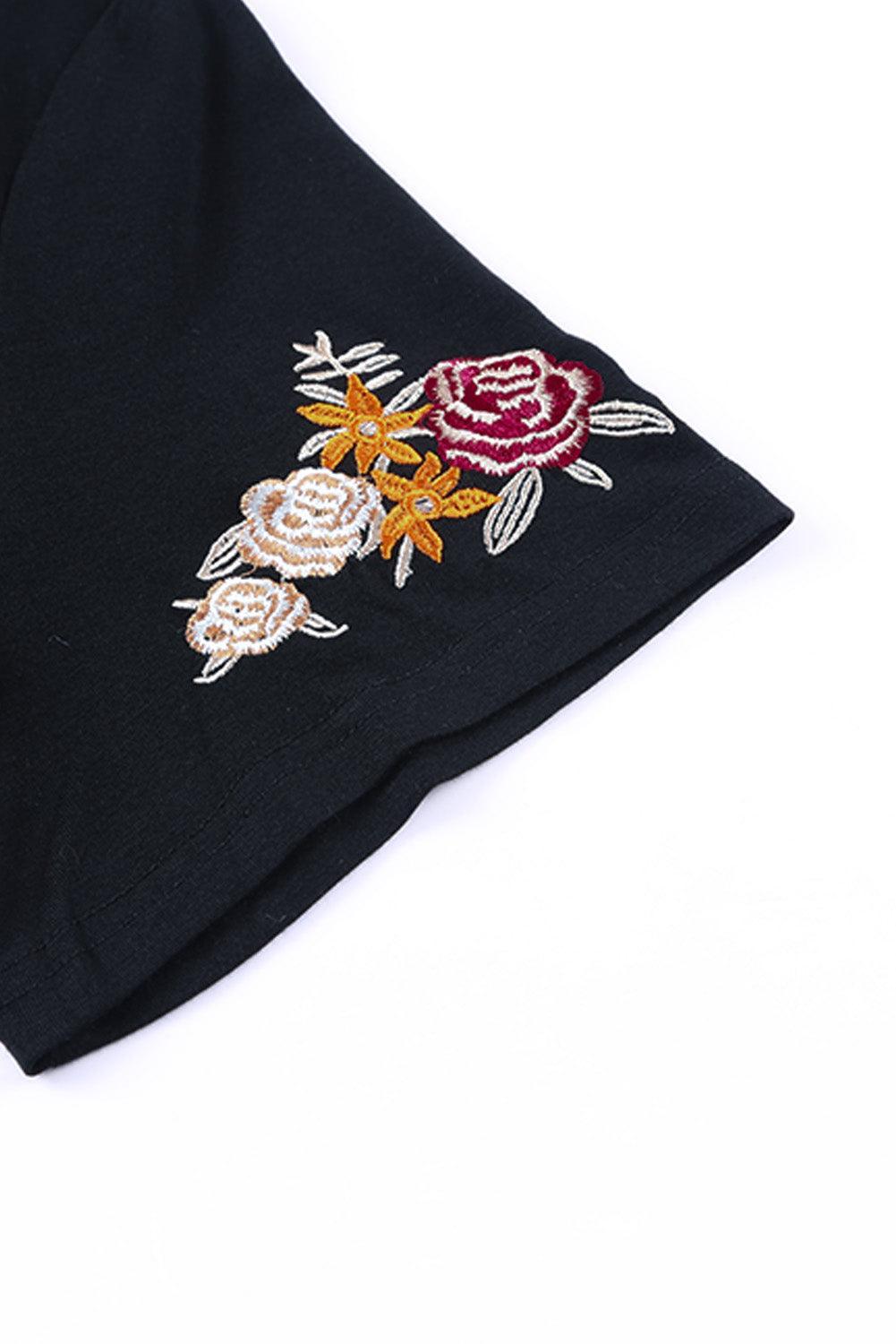 Black Casual Floral Embroidered Round Neck T Shirt - Ninonine