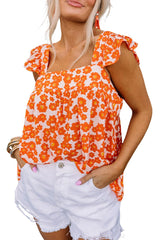 Orange Floral Print Square Neck Sleeveless Boho Top