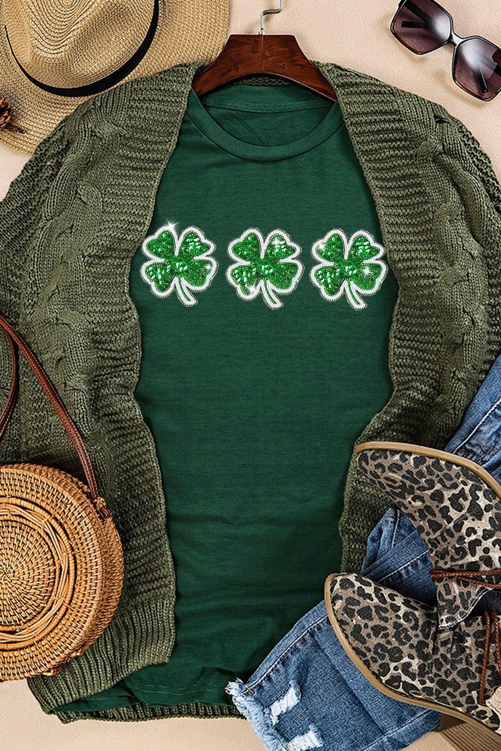 Green St Patrick Clover Patch Sequin Graphic T Shirt - Ninonine