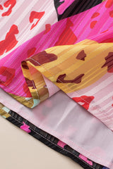Rose Leopard Print Puff Sleeve Crinkle Blouse