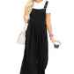 Black Buttoned Straps Crinkle Wide Leg Pocketed Overalls