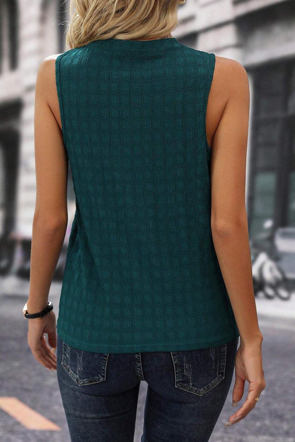 Sea Green Textured Split V Neck Sleeveless Shirt - Ninonine