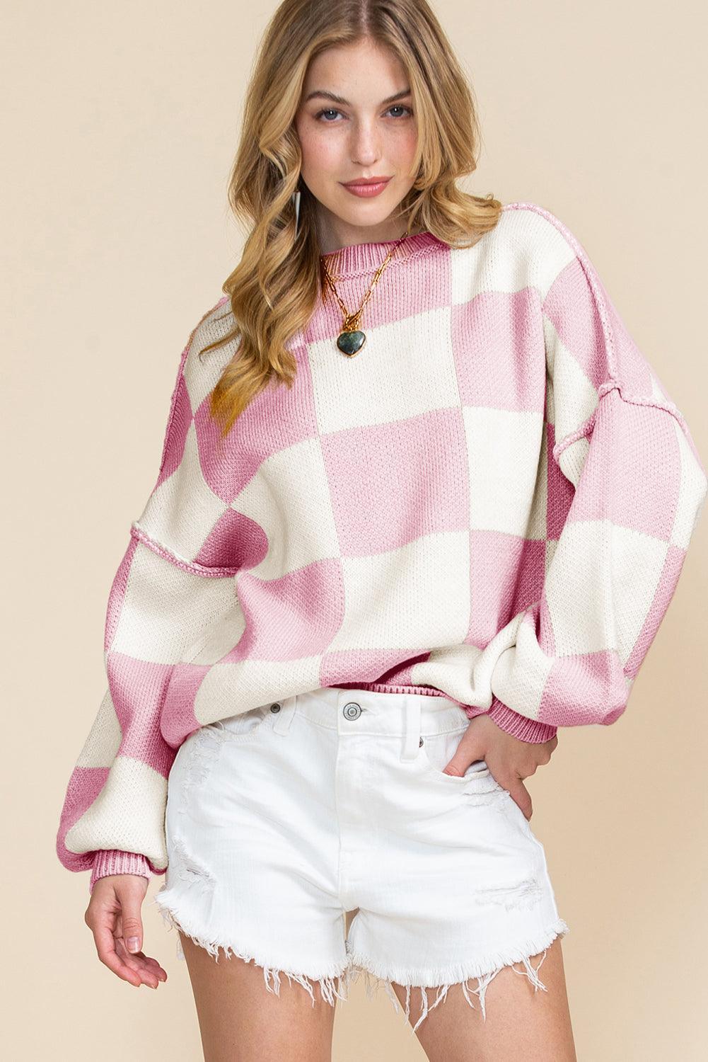 Pink Checked Bishop Sleeve Pullover Sweater - Ninonine