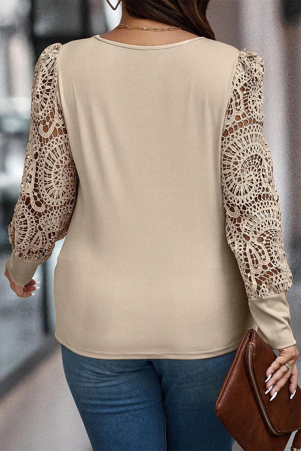 Parchment Plus Hollowed Lace Sleeve Square Neck Ribbed Top - Ninonine