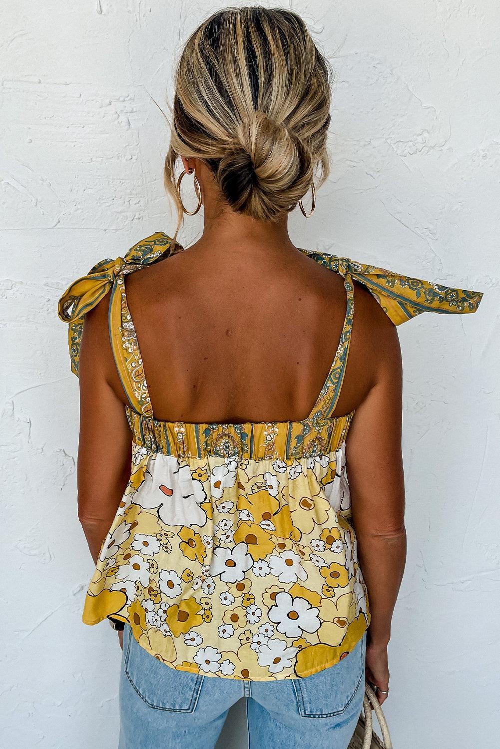 Yellow Floral Patchwork Boho Knot Straps Top - Ninonine