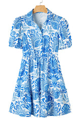 Sky Blue Boho Floral Print Frill Tiered Mini Dress