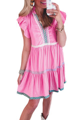 Strawberry Pink Flutter Sleeve V Neck Ric Rac Tiered Dress