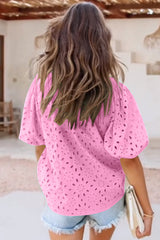 Bonbon Hollow-out Flower Embroidered Short Puff Sleeve Blouse