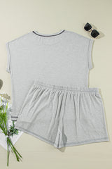 Gray Contrast Stitching Plus Cuffed Sleeve Tee and Shorts Set