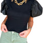Black Mock Neck Faux Leather Puff Short Sleeve Top