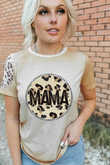 Khaki MAMA Leopard Bleached Graphic Crew Neck T Shirt - Ninonine