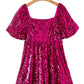Rose Red Sequins Square Neck Puff Sleeve Babydoll Romper