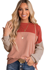 Red Color Block Cording Loose Long Sleeve Top