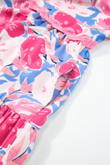 Pink Floral Printed V Notched Ric Rac Flutter Short Dress